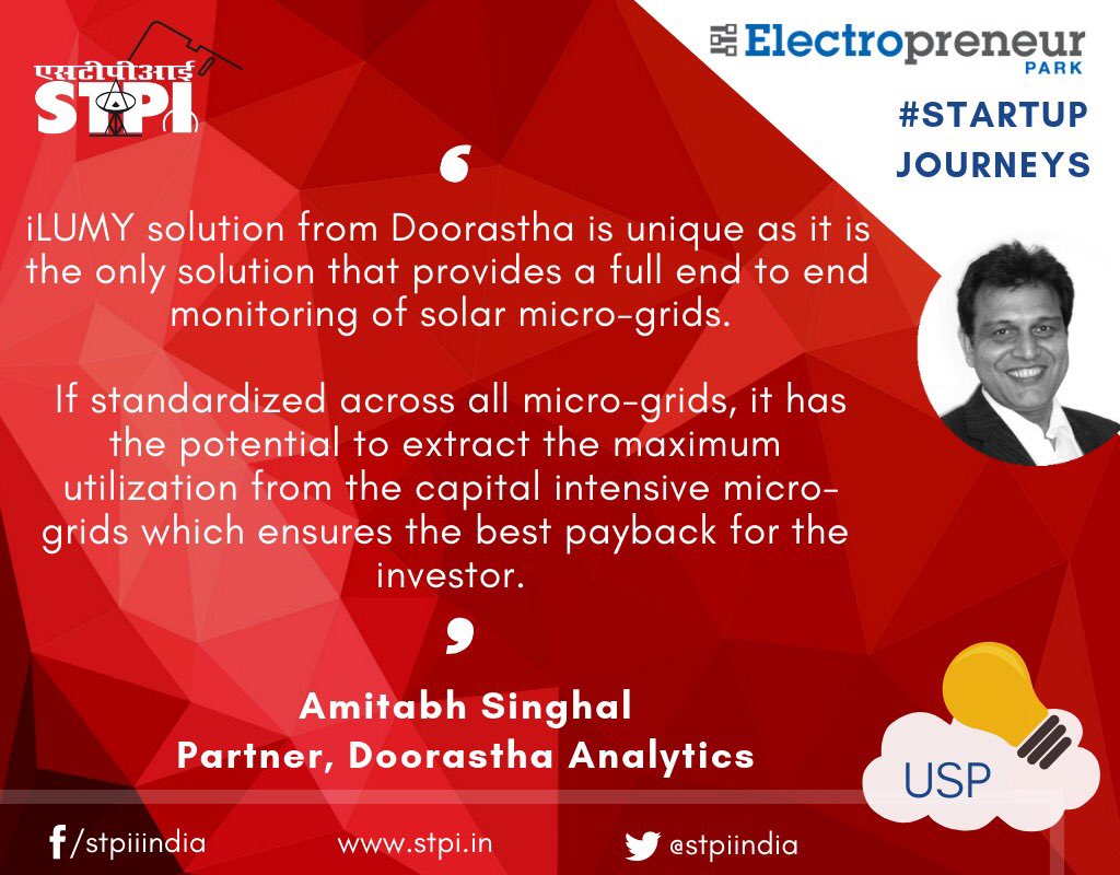 stpiindia's tweet photo. Doorastha Analytics is using capital intensive solar powered micro-grids to bring renewable energy in rural areas. #KnowEP #KnowEPincubatee #STPIINDIA #KnowMoreAboutSTPI #ESDM #EP #ElectropreneurPark @Omkar_Raii @rsprasad @GoI_MeitY https://t.co/4ozeEXI8XS