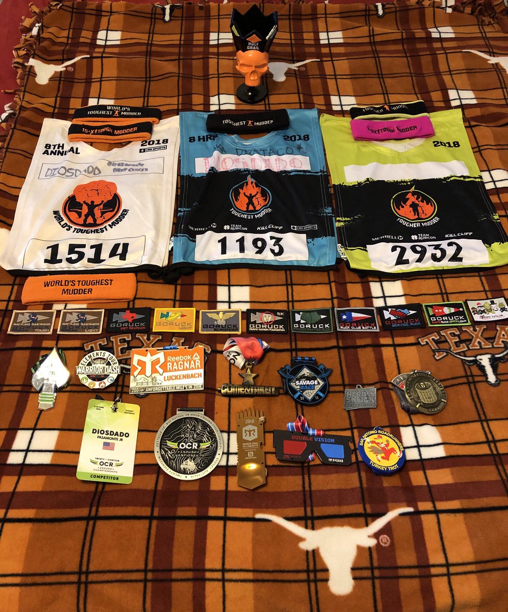 dpasamonte's tweet photo. Final #MedalMonday, #HeadbandMonday, and #PatchMonday of 2018. @SpartanRace @ToughMudder @GORUCK @SavageRace @OCRChampionship @greenberetchall @RagnarRelay @WarriorDash @TexasIndRelay https://t.co/KVwK2EQ7t2