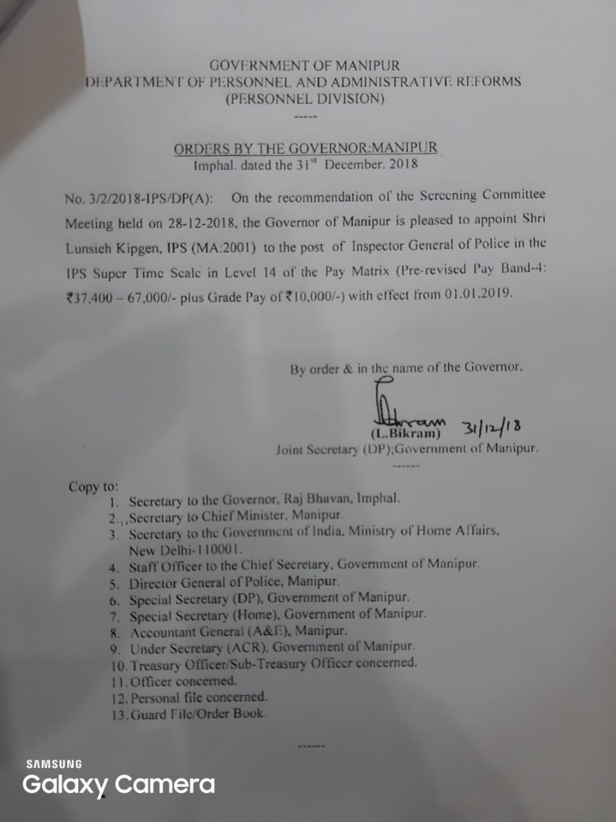 GinGangte's tweet photo. #Manipur: On the last day of 2018, the Government today promoted #LunsiehKipgen IPS to the post of Inspector General of Police #IGP in the IPS Super Time Scale in Level 14 of the Pay Matrix with effect from #Jan12019
#NewYearGift #CongratsPuLunsiehKipgen #IPS #SuperTimeScale https://t.co/UVkxKkFsTW
