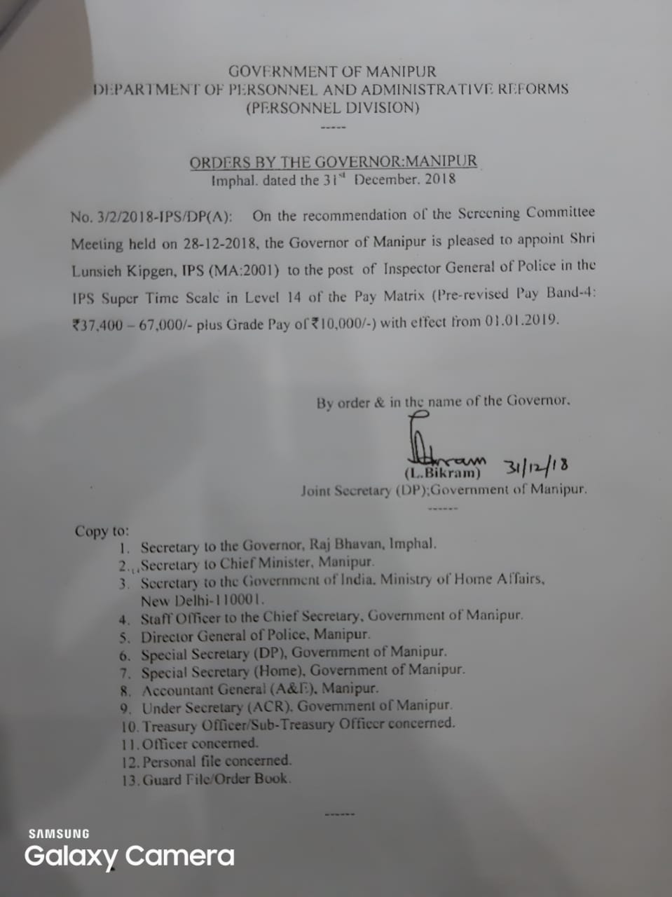 Gin Gangte on Twitter: "#Manipur: On the last day of 2018, the Government  today promoted #LunsiehKipgen IPS to the post of Inspector General of  Police #IGP in the IPS Super Time Scale