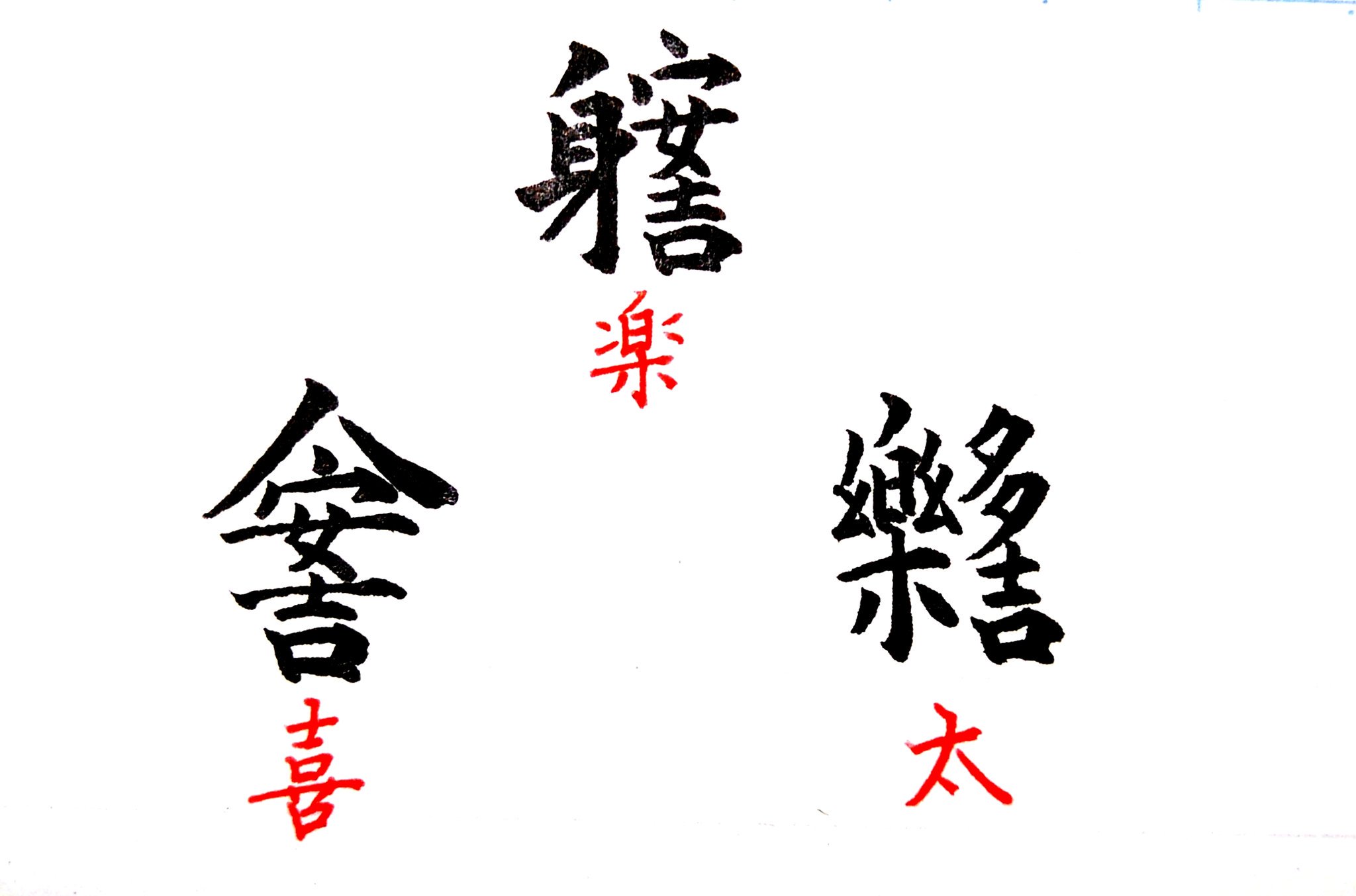 تويتر 拾萬字鏡 على تويتر 110 喜 楽 太 の会意異体字 宋の時代から見られる俗字で 多 吉 安 などめでたい 様子や平安な様子をあらわす漢字が含まれている 今年も皆様の多幸を願いまして T Co Vq1b8mvinp