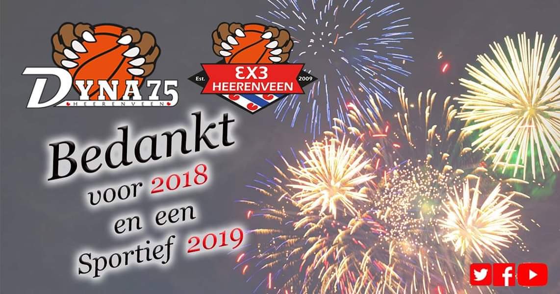 Over iets minder dan een uur nemen we afscheid van 2018. 
Namens het bestuur van Dyna'75 en 3x3 Heerenveen wil ik iedereen bedanken die samen met ons van 2018 weer een fantastisch basketbal jaar hebben gemaakt.
Door jullie hulp (vrijwilligers, trainers/coaches en
bestuursleden)