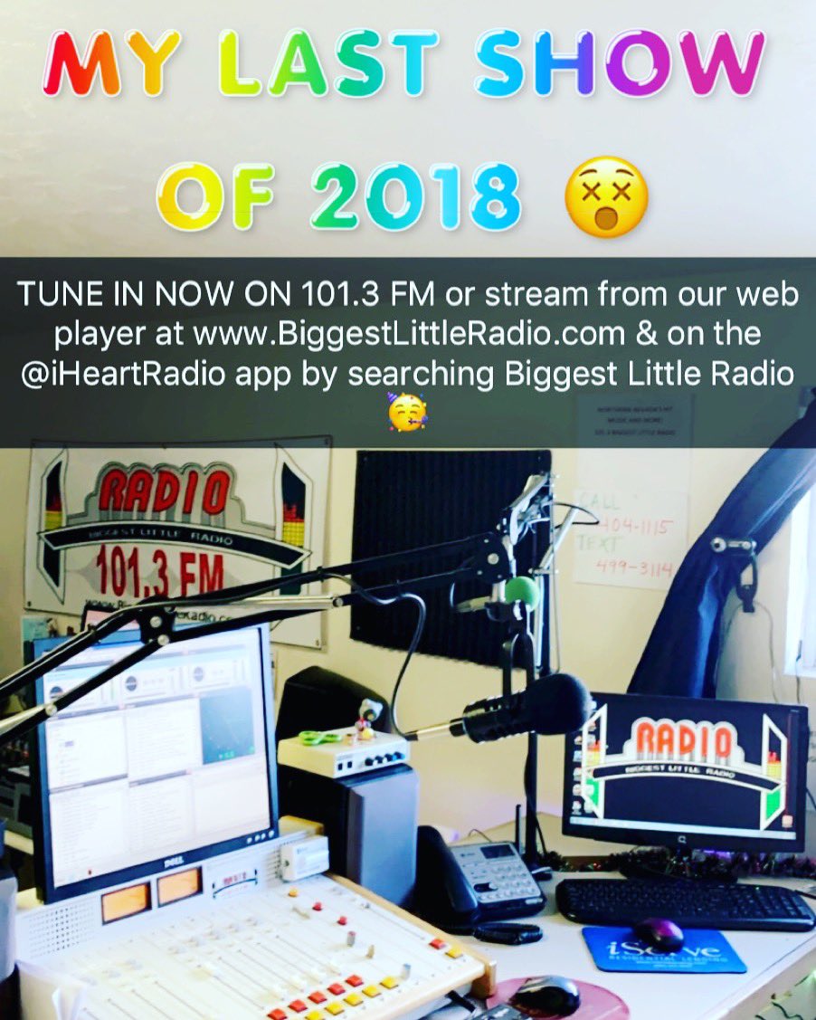 JRodOnAir's tweet photo. Itβs my last radio show of 2018! You are totally invited to tune in 101.3 FM or stream live from https://t.co/0Xha4PAUQY or search βBiggest Little Radioβ on the @iheartradio app! Happy New Yearβs Eve π₯³ #FierceFANatics @BiggestLittleR @DJFierceReno https://t.co/ZZSppSmGz6