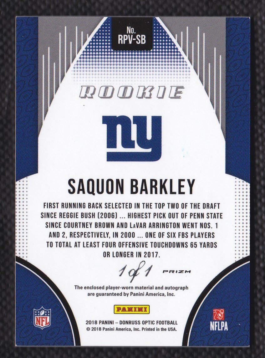 I would not even have believed it had I not been holding it in my hands and staring at it. #MyBestPullEver #SaquonBarkley #1of1 #Giants #Panini #GoldVinyl #NFLLogoPatch #Autograph