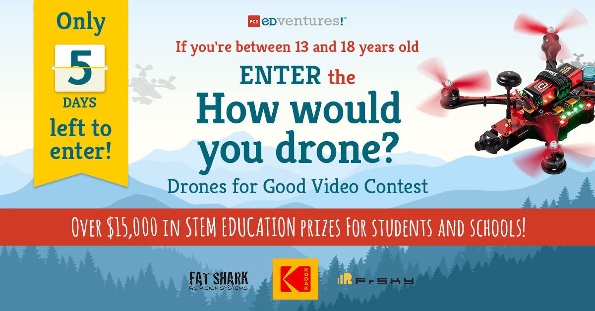PCSEdventures's tweet photo. Not sure what to do for #NewYearsEve? Make a video about how you would use #drones for good and start your new year right with #STEMed prizes worth up to $15,000! #PCSDrones4Good https://t.co/p5j0DrGHAw https://t.co/1R6UWSRc8J