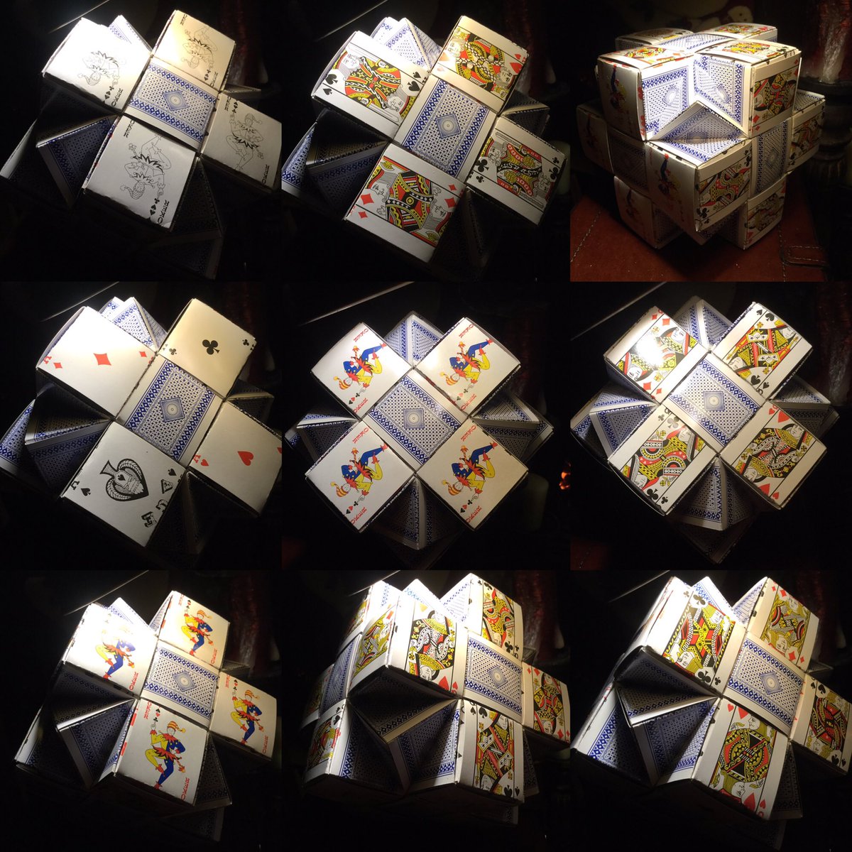 birdsgalway's tweet photo. Jokers wild. 
Last bit of folding for 2018 looking forward to 2019
19 cubes with 8 Triangular Dipyramid
192 mini cards
#modularorigami #origamiart #Galwayorigami #origamigalway #instaorigami #origamiartist #paperfolding #geometricorigami
#thisisgalway #visitgalway #galwaynow https://t.co/u2ZRwV0UHp