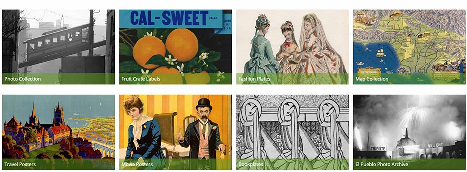 a collage of illustrated graphics representing visual online collections of the library