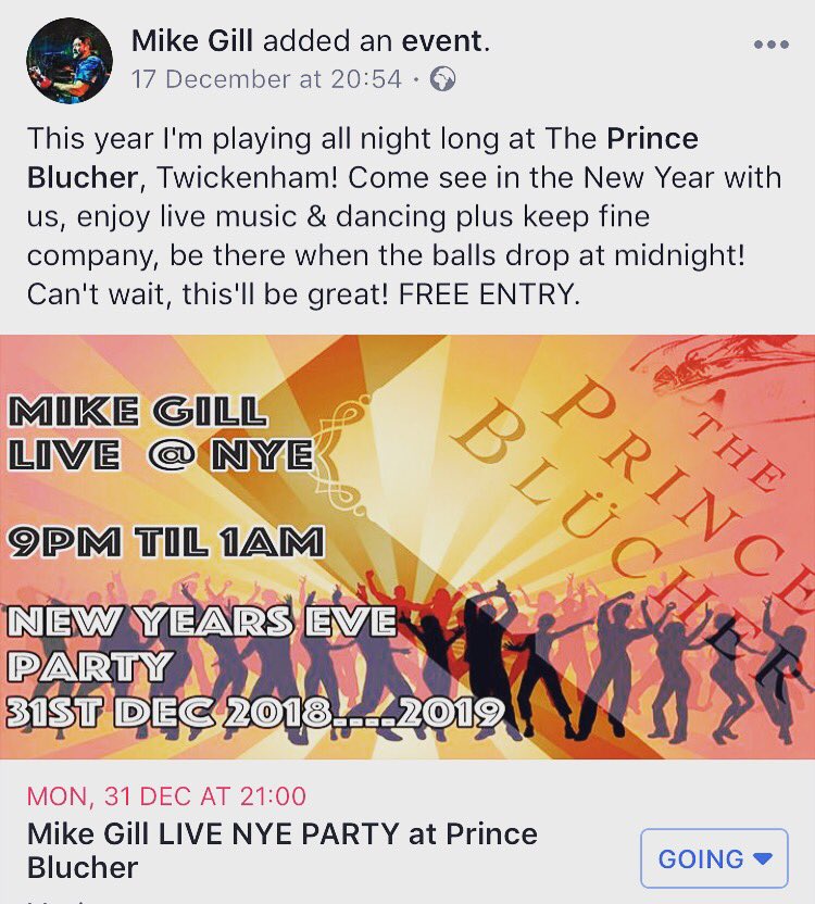 BlucherTW2's tweet photo. It’s almost time to get the party started @mikegillmusic!! From us all at #princeblucher, thanks for a wonderful 2018 &amp; happy new year! Remember it’s free entry so if you’re at a loose end, come see in the new year at your favourite local ☺️#nye #twickenhamnye #twickenham https://t.co/acBtVxvqx3