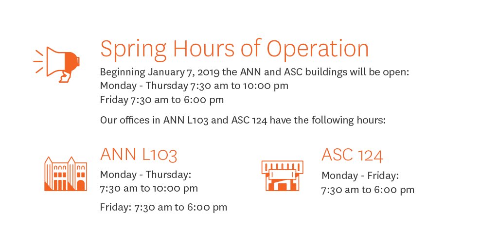 ASCJTechOps's tweet image. Spring classes will begin on Monday, Jan. 7 and our buildings and offices will resume their regular hours of operation. #ascj