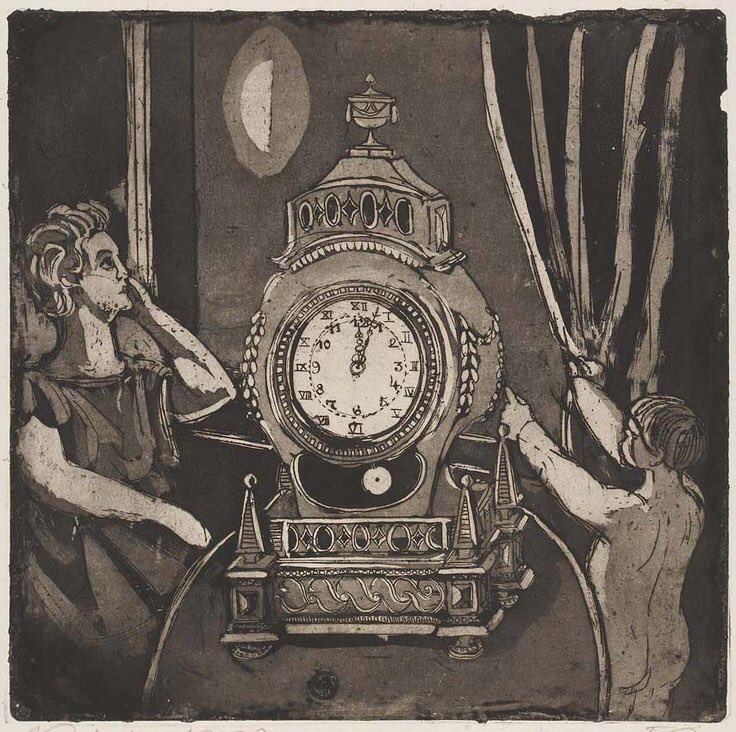 Die letzten Stunden des Jahres... 🕰🎇🎆 Wir möchten uns für ein unvergessliches Jahr 2018 bei unseren Besuchern bedanken und freuen uns auf ein spannendes und inspirierendes 2019! Der Countdown läuft...
„Sylvester“ (auch „Neujahr 1956“), 1955, Aquatinta-Radierung von Hans Körnig