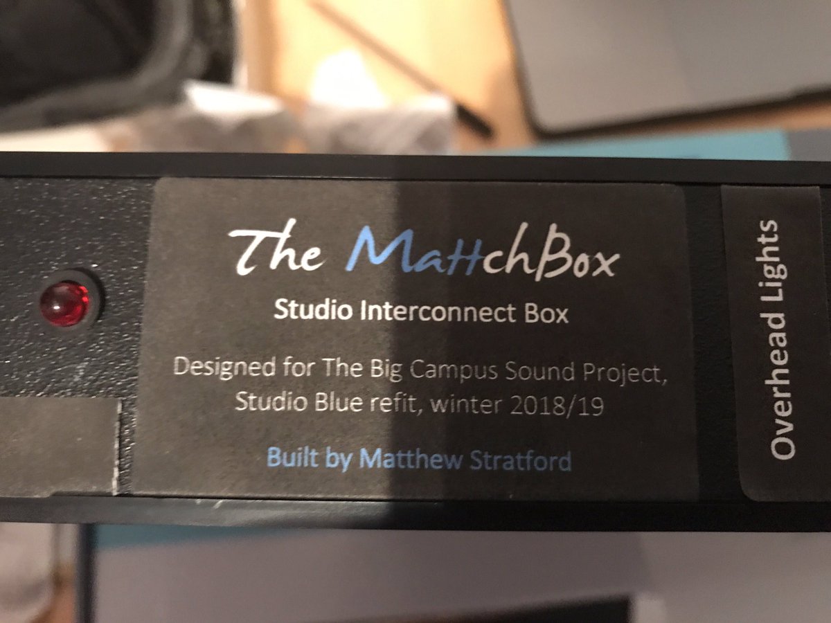 m_stratford's tweet photo. So, today I finished (bar an adapter to fit on-site this weekend) a magic box for the new shiny refit of @URY1350 Studio Blue! The team chose a great name (if I do say so myself) 😂 Cheers to @YorkAlumni and the #BigAlumniProject for your help in making this happen! https://t.co/44EH0t1Ics