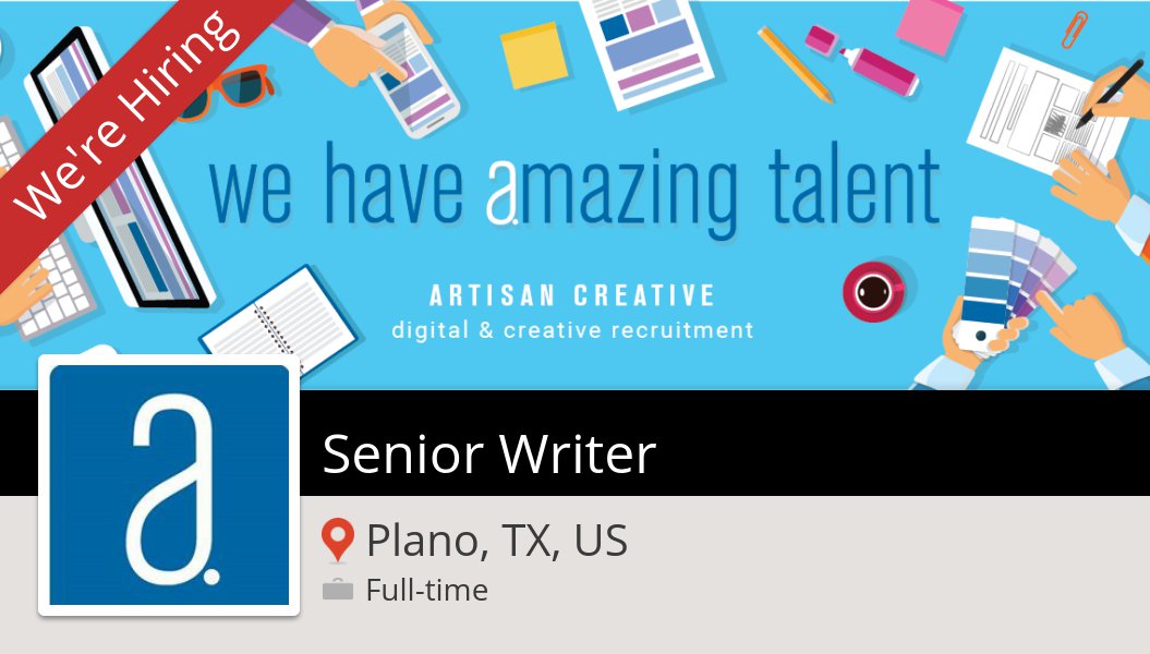 jenartisan's tweet photo. #ArtisanCreative is hiring! Senior #Writer in #Plano, apply now! #job https://t.co/yYbFvEXmNR #creative #design #staffing #recruitment #designjobs #hiring #digital #jobs #graphicdesign #losangeles https://t.co/CzIYgbOOn6