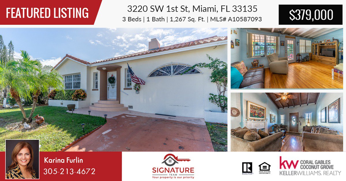 KWCapitalRE's tweet photo. Featured Listing: Perfect starter home in a prime location in Miami.
3 Beds | 1 Bath | 1,267 Sq. Ft. | MLS# A10587093
Offered for $379,000
3220 SW 1st St, Miami, FL 33135
Click here  - https://t.co/mxrrYTCORD
#MiamiHome #StarterHome #MiamiHomeForSale #KWCoralGablesCoconutGrove https://t.co/0TEpWz3LmL