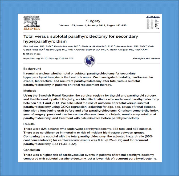 TheAAES's tweet photo. Total or subtotal parathyroidectomy for secondary hyperparathyroidism?
https://t.co/dlo5Dibits @TheAACE @AmThyroidAssn @AMEN_SUPPORT @nkf @TheEndoSociety @ThyCaInc @AmCollSurgeons @AmBdSurg @SurgJournal @ElsevierConnect #AAES2018 https://t.co/2G5L7ULOnH