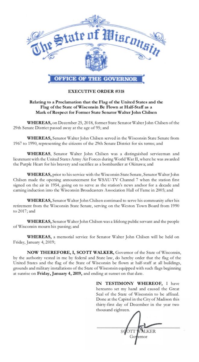 Today, I ordered flags to half-staff in honor of former state senator Walter John Chilsen. He was a WWII veteran, Purple Heart recipient, and an outstanding lifelong public servant. He will be missed.