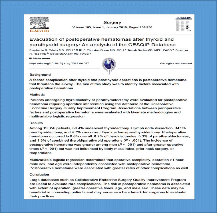 TheAAES's tweet photo. Investigating post-op hematomas after thyroid and parathyroid surgery using @theAAES #CESQIP database. @TheAACE @F_ThurstonDrake @BMCSurgery @TsengJennifer @TheEndoSociety @ThyCaInc @AmCollSurgeons @AmBdSurg @SurgJournal @ElsevierConnect #AAES2018 https://t.co/rOobzO7usx