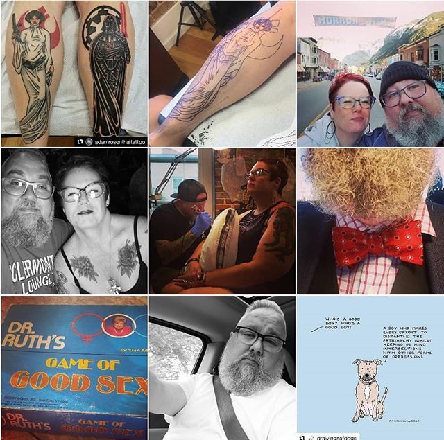 basurablanca's tweet photo. Happy New Year kids. Here's my #topnine2018. #tattoos by @adamrosenthaltattoo #shelboobs by @shellieshel #drruthwestheimer #mountainviews by @telluridehorrorshow. #princessleiatattoo #darthvadertattoo #bowtie #dapperbear #bears #beards https://t.co/v1ki8FU4UB https://t.co/ERSuUsZd89