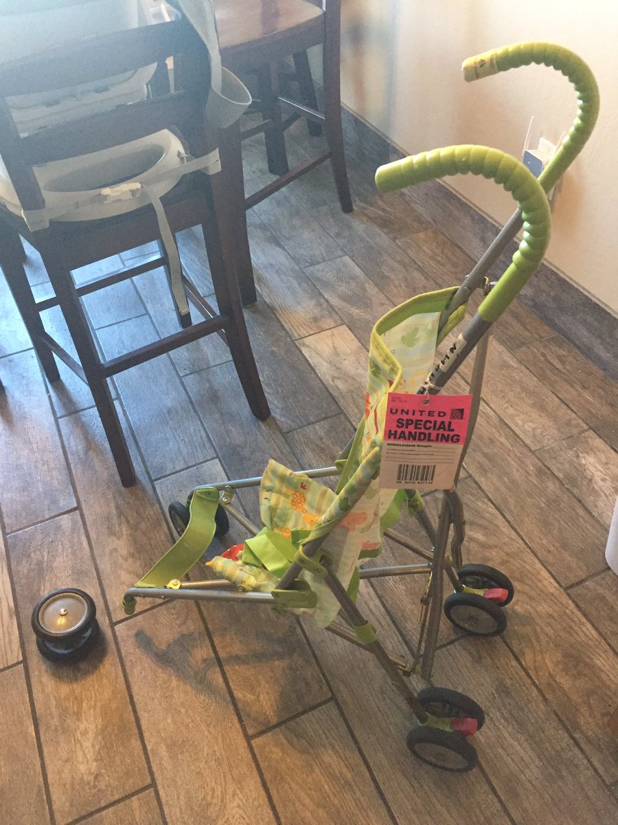 Jmo1786's tweet photo. @united  special handling indeed. Gate checked my infant stroller with 4 wheels picked it up at layover with only 3 wheels still attached. To top it off sat in plane for >60 minutes at destination due to gate being occupied. https://t.co/K7dZUhWaIp