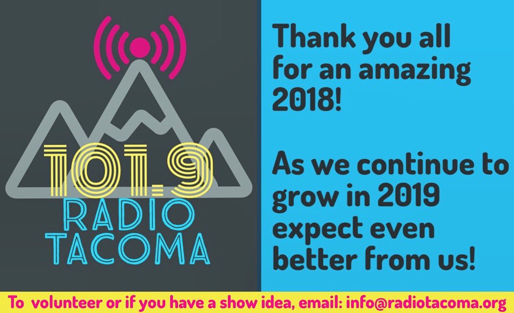 RadioTacoma's tweet photo. Thank you all for an amazing 2018! As we continue to grow in 2019 expect even better from us!

If you’re interested in volunteering, email @RadioTacoma at: info [at] radiotacoma [dot] org

#tacoma #tacomawa #lpfm #lowpowerfm #gritcity #tacoma_wa #communityradio #communitymedia https://t.co/pYlfTV3Q1G