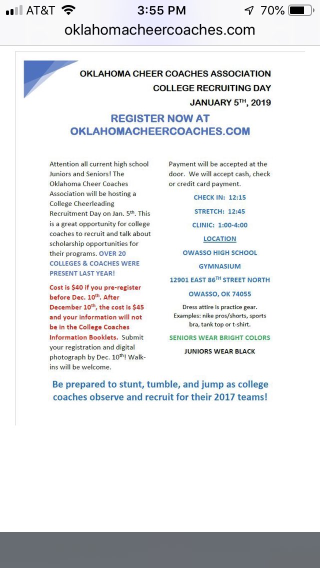 Okcca1's tweet photo. Cheerleaders can still go online and register or you may register on site for college combine.
This is a great opportunity for those wanting to cheer in college. https://t.co/ON3cNwyCpE