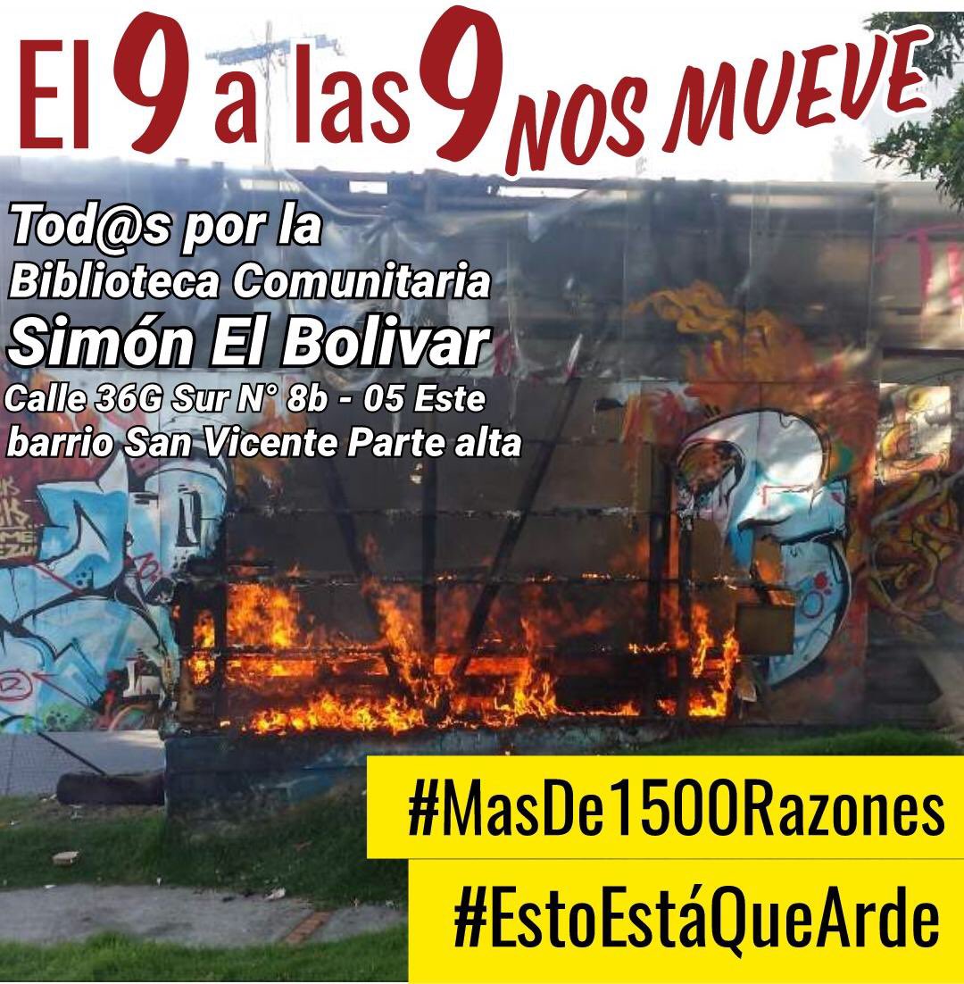 Porque las bibliotecas deben estar de puertas abiertas, no quemadas ni desalojadas, ¡yo apoyo la protección de la biblioteca comunitaria Simón el Bolívar! #MásDe1500Razones #EstoEstaQueArde9E <a href="/Casa_DelViento/">La Casa Del Viento</a>  <a href="/DanielSamperO/">Daniel Samper Ospina</a> <a href="/PirryOficial/">Pirry</a> <a href="/SaninPazC/">Carolina Sanín</a> <a href="/ArielAnaliza/">Ariel Ávila</a>