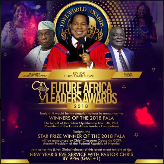 cheebweekem's tweet photo. Announcing the star price winners at the 2018 New Year's Eve - Future Africa Leaders Award FALA is, His Excellency, Chief Olusegun Obasanjo, GCFR, Former President of the Federal Republic of Nigeria.
#Enter2019withPastorChris #Fala2018 #NewYearsEve https://t.co/foUk74IEIY