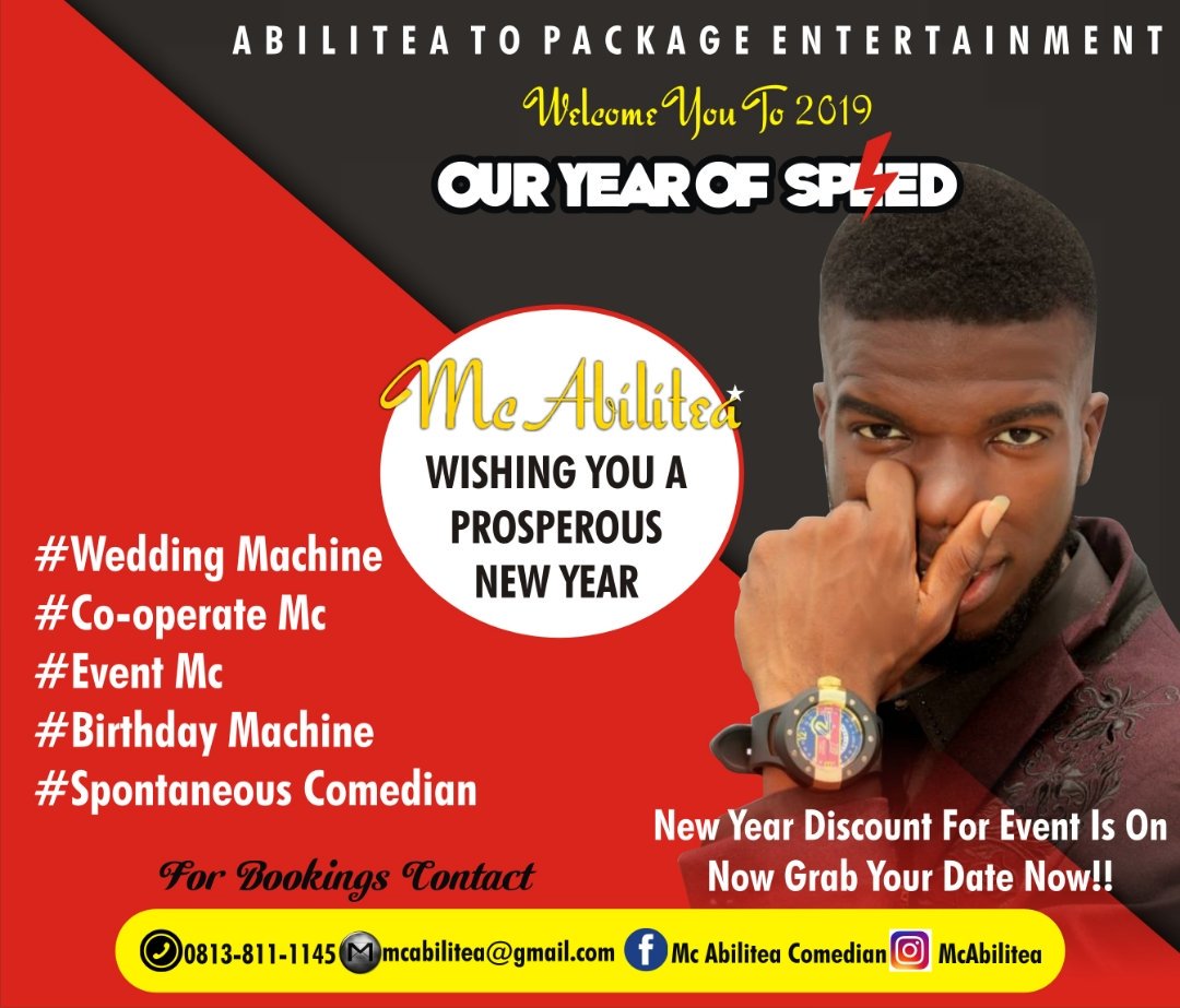mcabilitea's tweet photo. Thanks for being a part of our Success in 2018. May God's grace and mercy speak on your behalf in 2019 and beyond. Thanks for your patronage.
*Mc Abilitea  Comedian* is ready to make your 2019 events Bigger,Nicer,Better &amp; Funnier 🙏🙏🙏🙏
#EventMc #Weddingmachine https://t.co/9NKaVRc839