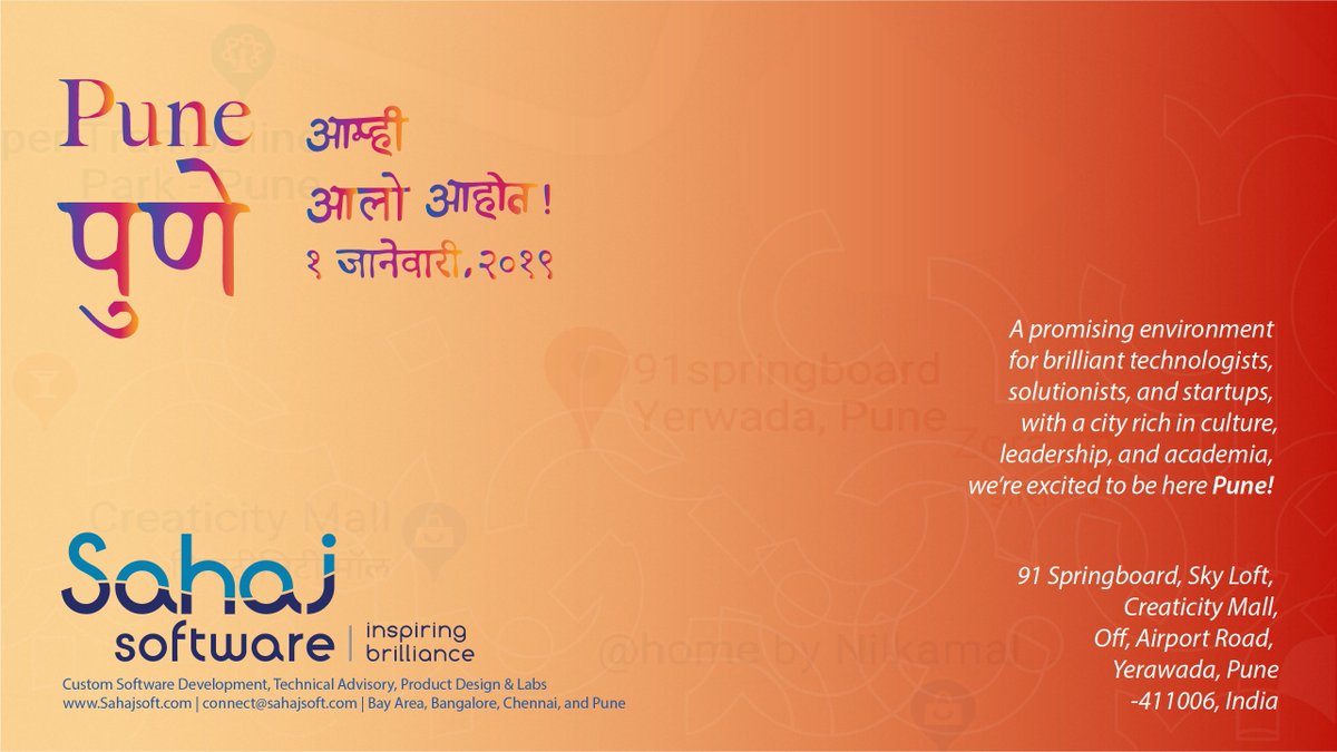 SahajSoftware's tweet image. #Pune! Here we are! Excited to be a part of you! 

#NewOffice #Opportunities #beginnings #happynewyear2019 #inspiringbrilliance #technology #developer #servicedesign #SahajSoftware #ceos #cios #proud sahajsoft.com connect@sahajsoft.com