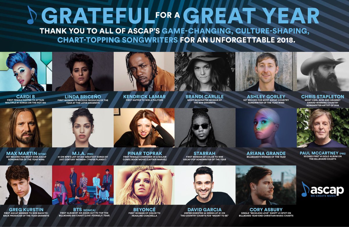 ASCAP's tweet photo. Grateful for a GREAT year 🎉 Thank you to our members for an unforgettable 2018 > https://t.co/5L3VdsuEo8

#HappyNewYear #ASCAP2018 https://t.co/So8fFi7Ujs