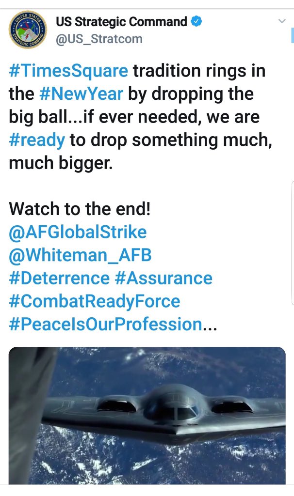 BeKindAlwayzz's tweet photo. @US_Stratcom You may have deleted it but you made a complete mockery out of an already damaged nation tonight #usstrategiccommand #NewYearEve @AFGlobalStrike @Whiteman_AFB - and because of this I will not support my son joining the military. This is NOT OK. You need to make an apology on TV https://t.co/XL5oJKDTgg