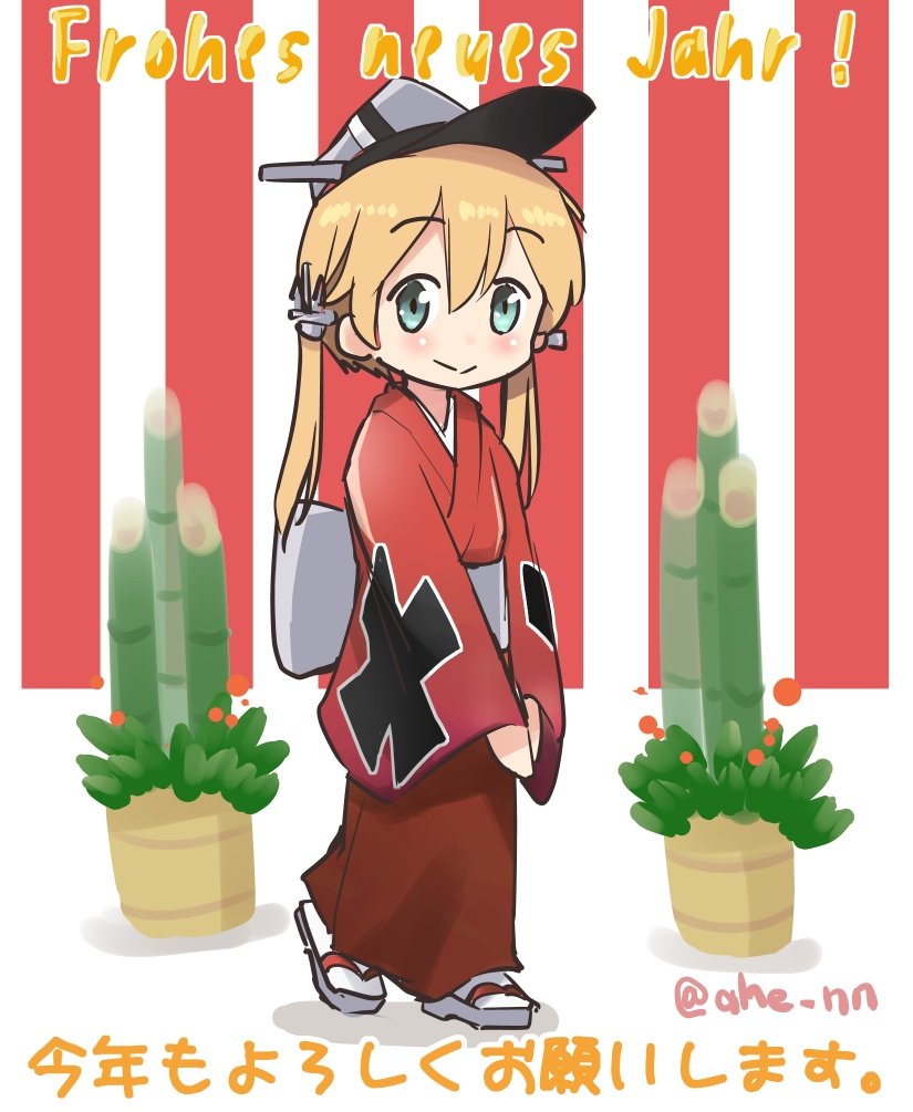 prinz eugen (kancolle) 1girl solo blonde hair japanese clothes twintails hat kimono  illustration images