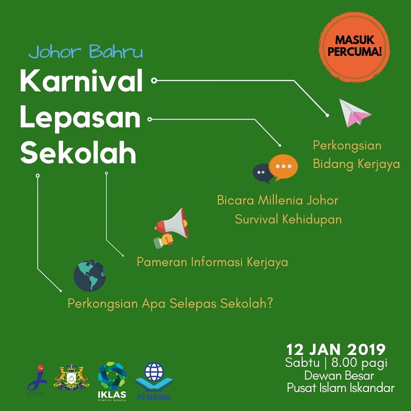 institutdatoonn's tweet photo. Masih TERCARI-CARI bidang apa yang ingin diambil serta RISAU berkenaan peluang kerjaya di masa hadapan? Jom sertai KARNIVAL LEPASAN SEKOLAH 2019 anjuran Institut Integriti Kepimpinan Dan Latihan Semangat Dato' Onn (IKLAS) dengan kerjasama Persatuan Belia Islam Nasional (Pembina) https://t.co/kSnuShg1zB