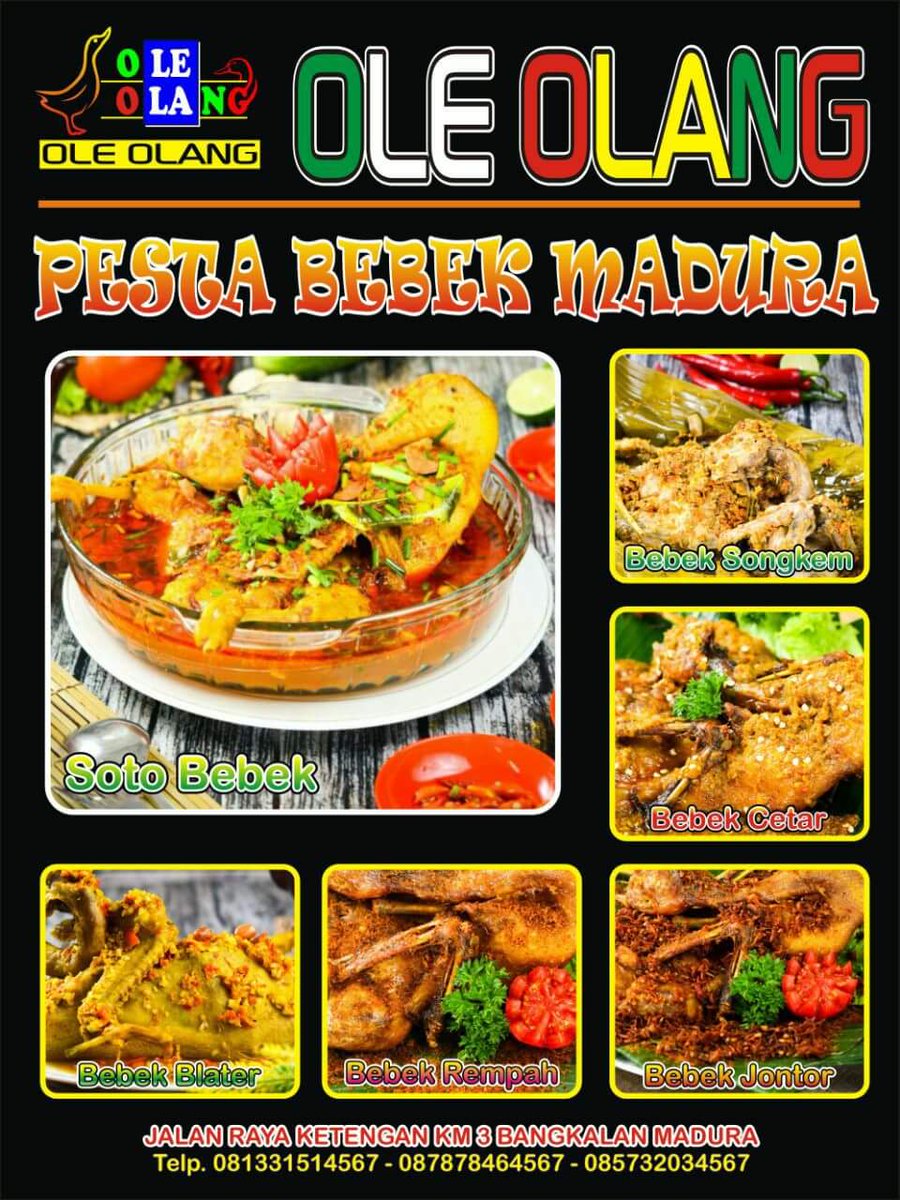 OleOlangResto's tweet photo. Mau Pesta BEBEK yang berkuah ada #SOTOBEBEK DAN #BEBEKBLATER

Mau PESTA BEBEK BERBUMBU ada #BEBEKCETAR

mau Pesta BEBEK Kremes yang Pedas ada #BEBEKJONTOR
.
.
Mau Pesta BEBEK yang Kremes Rempah Gurih ada #BEBEKSONGKEMKREMES
.
#OLEOLANG
#PestaBebek 
#BebekMadura
#Suramadu https://t.co/wNxVxox5VO