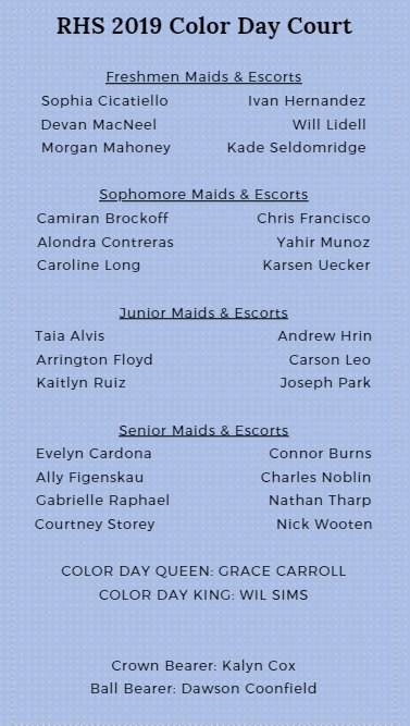 Congrats to Queen Grace Carroll &amp; King Wil Sims &amp; our 2019 Color Day Court! Color Day is Feb. 8.