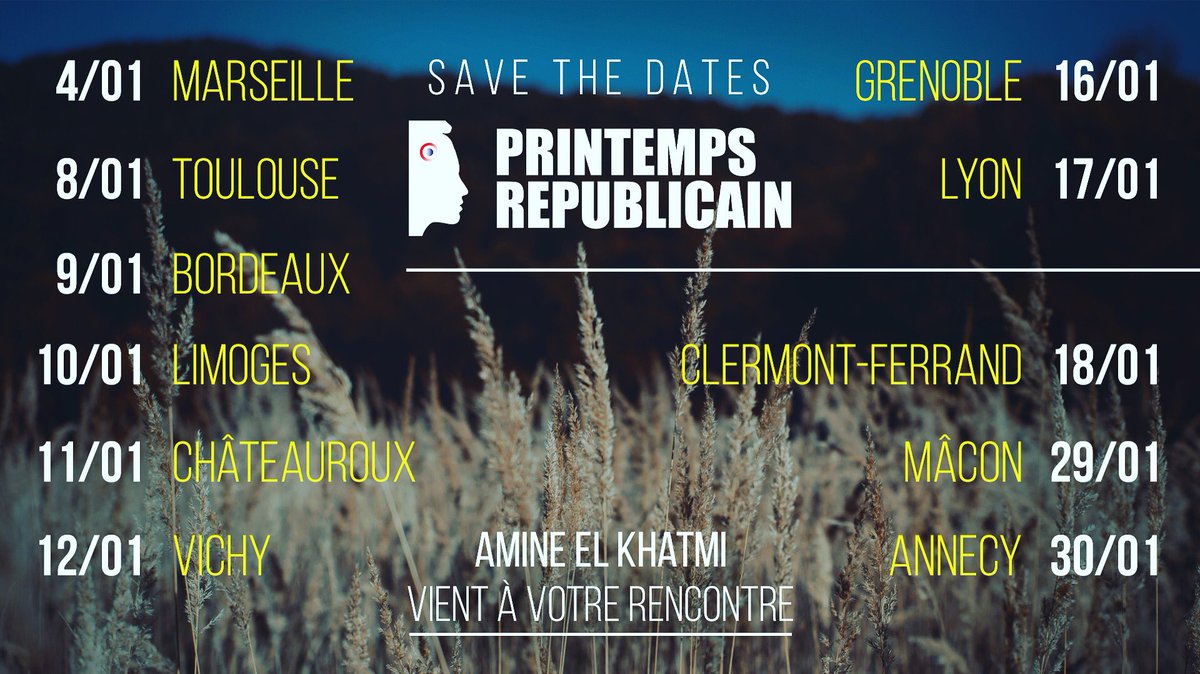 Aminelkhatmi's tweet photo. Le #PRtour reprend demain. Rendez-vous à Grenoble, Lyon et Clermont. Macon et Annecy à la fin du mois. Puis Mulhouse, Strasbourg, Nancy, Lille, Nantes, Lorient, Angers, Tours et d’autres villes en février. Rejoignez-nous et participez au développement du Printemps Républicain 🚀 https://t.co/ydWzBqrLmM