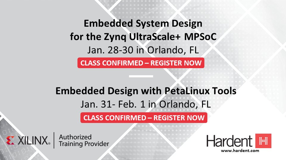 HardentInc's tweet photo. We have a full week of @XilinxInc #embedded design training coming up in Orlando, Florida later this month.
Learn about #Zynq #UltraScale+ #MPSoCs or #PetaLinux - or both!
Find out more on our website ➡️https://t.co/G7TPaRspeM https://t.co/A3wvFHAjEa