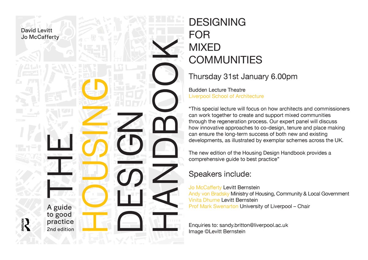 LSA GUEST LECTURE: The Housing Handbook: Designing for Mixed Communities / Book Launch: Levitt Bernstein
Thursday 31st January 2019, 6pm
Budden Lecture Theatre, Leverhulme Building, Abercromby Square

eventbrite.co.uk/e/the-housing-…