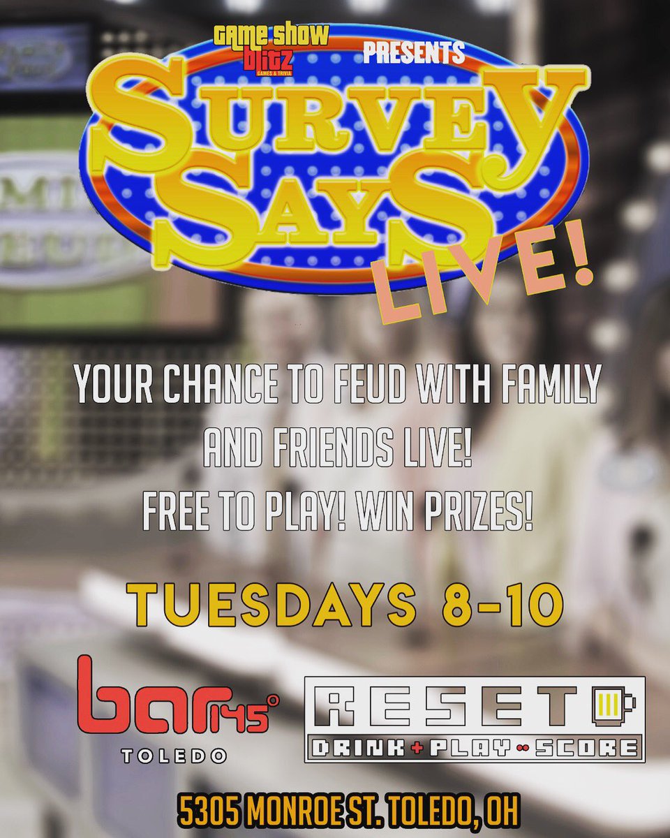 Tuesday’s at 8pm, it’s time for the FEUD! 
SURVEY SAYS it’s time for you to round up the family or group of friends to feud against opposing groups to win prizes every Tuesday! Stay tuned for details on how to sign up! #bar145 #bar145toledo #familyfeud #feud #surveysays #reset