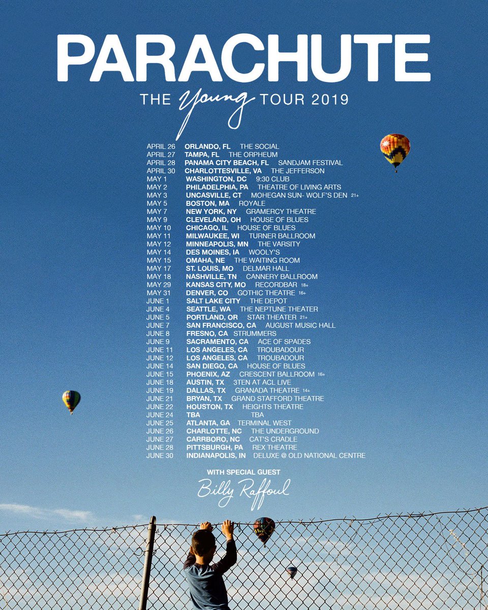 parachute's tweet photo. IT'S HAPPENING: THE YOUNG TOUR 2019 with special guest @BillyRaffoul goes on sale this Friday at 10AM.

Check out all the dates and VIP meet and greet info here and get pumppppped: 

https://t.co/hiHf81d3B2 https://t.co/wdEKEY2cRT