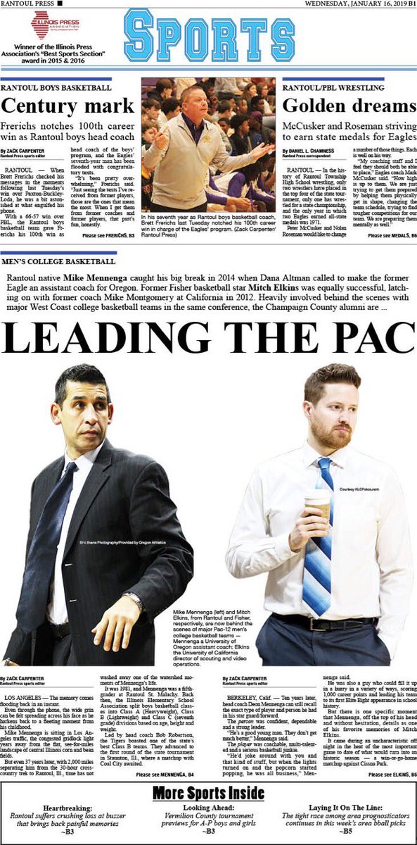 This week’s <a href="/TheRantoulPress/">The Rantoul Press</a> ft. <a href="/brett_frerichs/">Brett Frerichs</a> 100th win as <a href="/RthsHoops/">RTHS HOOPS</a> coach + McCusker, Roseman look to make Eagles wrestling history + RTHS, Fisher grads <a href="/mennenga32/">Michael Mennenga</a> &amp; <a href="/MitchElkins89/">Mitch Elkins</a> serving behind the scenes of <a href="/pac12/">Pac-12 Conference</a> men’s bball at <a href="/OregonMBB/">Oregon Men's Basketball</a> &amp; <a href="/CalMBBall/">Cal Basketball</a> <a href="/APSE_sportmedia/">APSE</a>