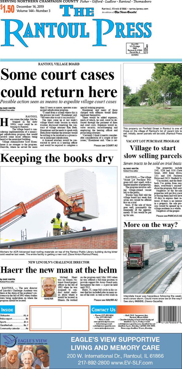 This week’s Press features stories on the possible return of court to Rantoul, which has been absent since the early 90s + the introduction of Michael Haerr as the new director of Lincoln’s Challenge Academy