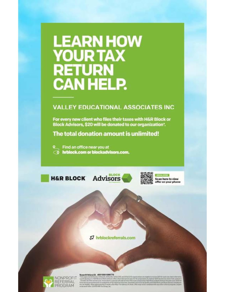 VEAtweets's tweet photo. Getting ready for tax season? When you file your taxes at H&amp;R Block, mention Valley Educational Associates and they will donate $20 to our programs. #taxseason #refunds #philanthropy #twoforone #makeadifference #meetVEA https://t.co/Q6MyRbCW4L