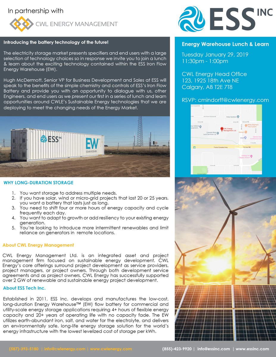 CWLEnergy's tweet image. Last month we announced a partnership with @ESS_info and now we are excited to announce a Lunch &amp;amp; Learn to share the benefits of the Energy Warehouse - battery technology of the future. Please RSVP with cmindorff@cwlenergy.com #energywarehouse #lunchandlearn #ironflowbattery