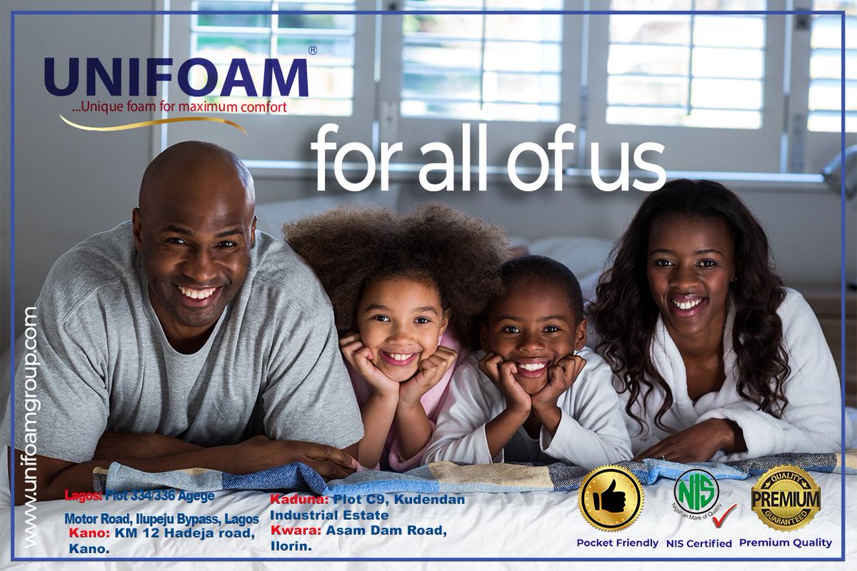 UnifoamGroup's tweet photo. UNIFOAM Group uses innovative technologies and best of production practices to ensure ultimate rest. call 08099990873
#Unifoamgroup #unifoam #sleep #mattress #isn #s81 #nigeria #africa #premiumquality #comfort #elegance #abuja #lagos #kano #kwara #kaduna #NIS #ProudlyNigerian https://t.co/QLqGrsrFBg