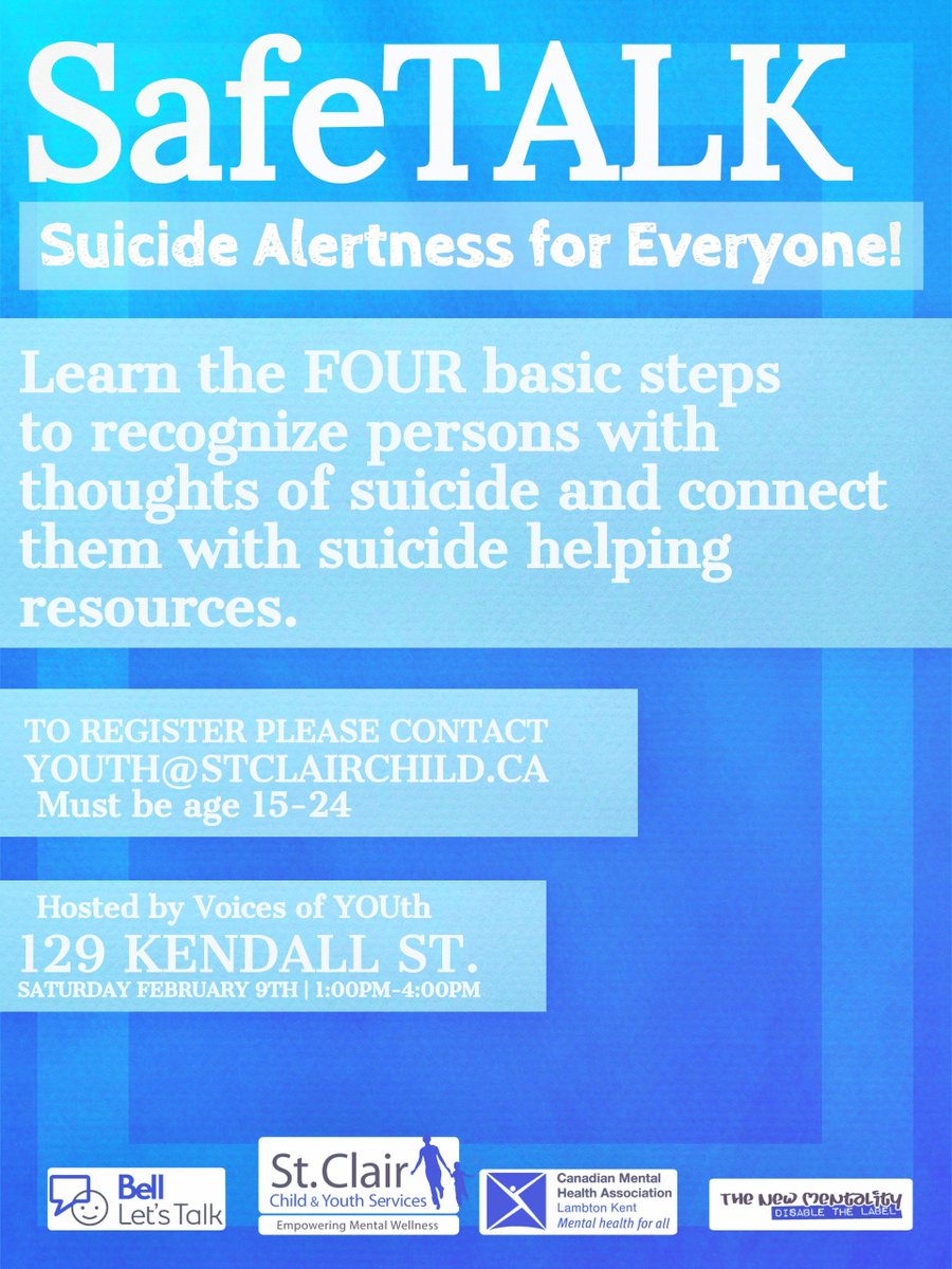 Voices of YOUth is hosting a free SafeTALK training event.  Learn how to recognize persons with thoughts of suicide and connect them with resources.  Must be aged 15-24.  Email - youth@stclairchild.ca  #SafeTALK #SuicidePrevention #kidscantwait