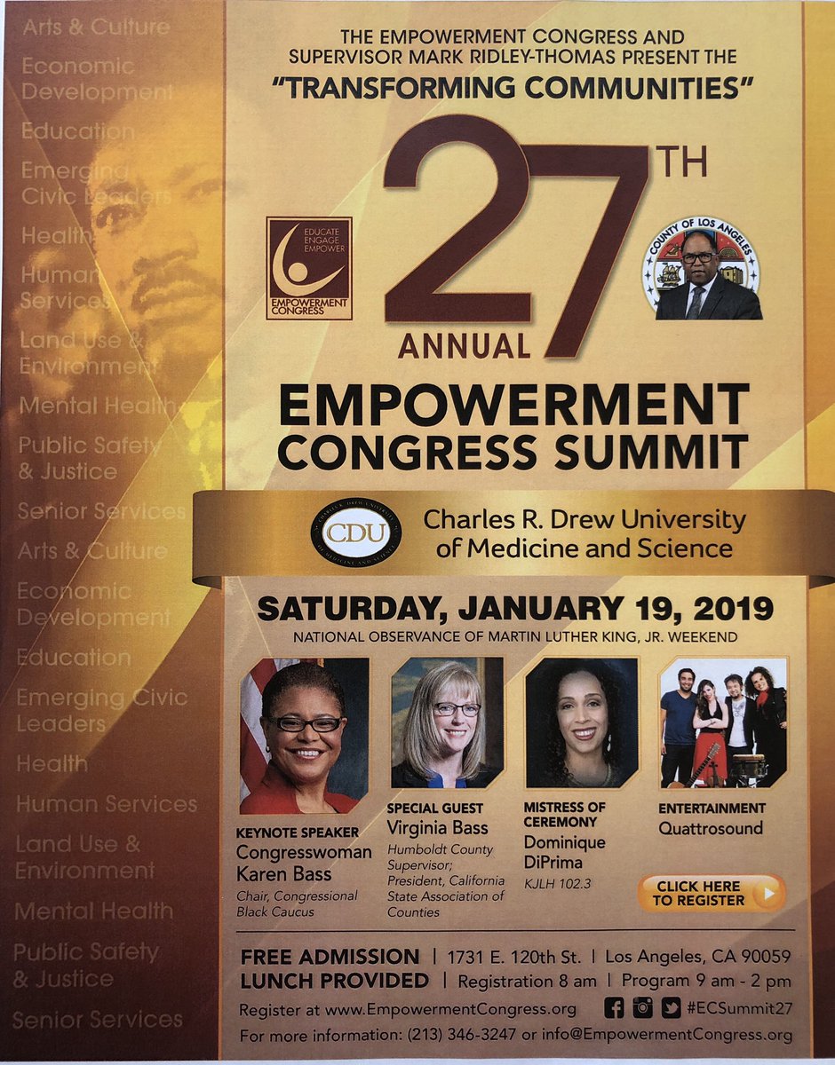 Looking forward d weekend’s @EmpowerCongress w/Sup. @mridleythomas. It’s only like the biggest event in the 2nd District on  @MLKDay weekend. @KarenBassTweets in the house! Stop by the #RiverRanger booth and fill out a survey. #ECSummit27 #LARiver #Educate #Engage