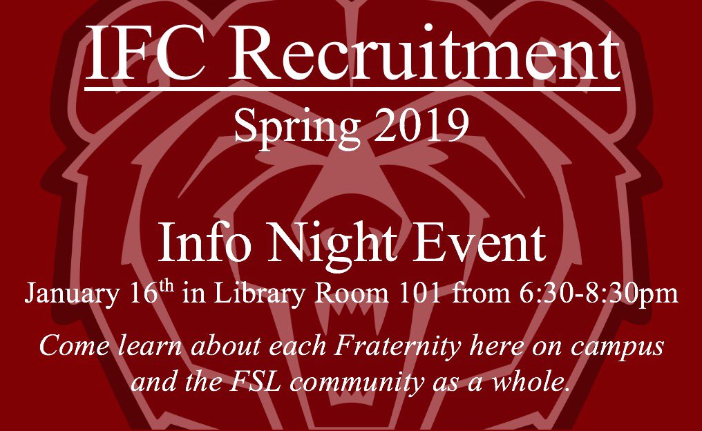 Missouri State IFC (@mostateifc) on Twitter photo It’s that time of year again and recruitment is in full swing. Don’t forget to come out to the IFC Sponsored Recruitment event tomorrow night and fill out this interest form if you’re interested in joining a Fraternity! bit.ly/mostateifc It’s that time of year again and recruitment is in full swing. Don’t forget to come out to the IFC Sponsored Recruitment event tomorrow night and fill out this interest form if you’re interested in joining a Fraternity! bit.ly/mostateifc