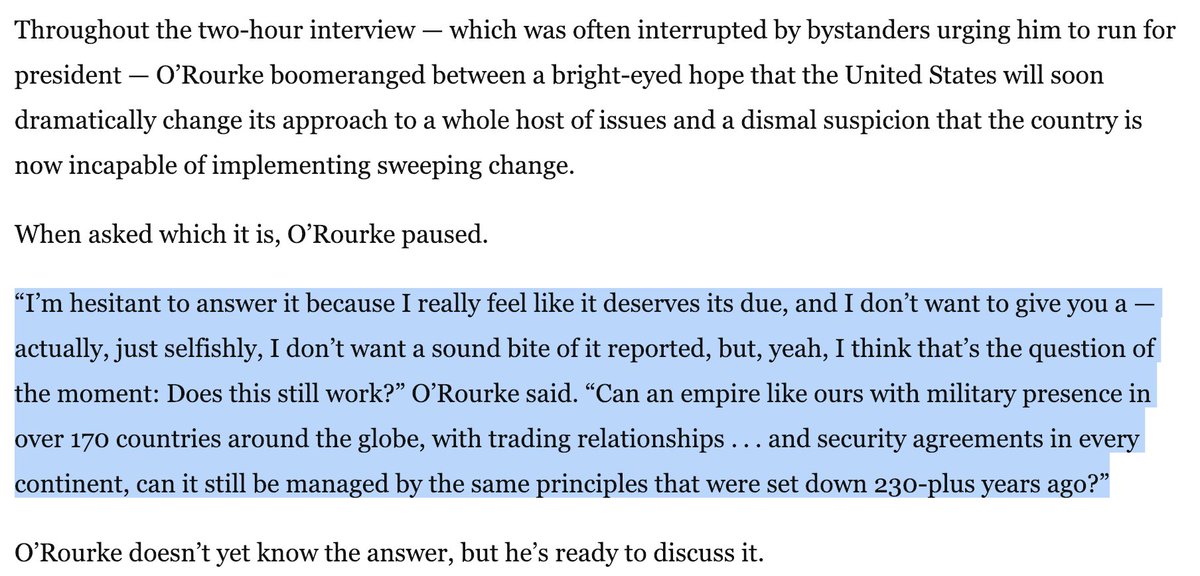Good story from @wpjenna on Beto.
This last bit – where he suggests we might need to ditch the Constitution? – is wild.
https://www.washingtonpost.com/politics/beto-orourkes-immigration-plan-no-wall-but-no-specifics/2019/01/15/f6e36fac-15ea-11e9-90a8-136fa44b80ba_story.html?noredirect=on&utm_term=.8029cab93806 …