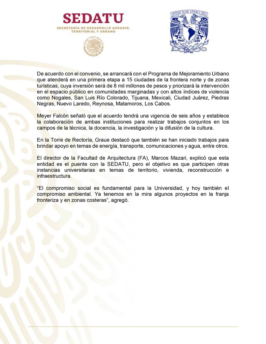 SEDATU_mx's tweet photo. El Secretario @MeyerFalcon suscribió convenio de colaboración con el Rector de la @UNAM_MX para desarrollar técnicas científicas, académicas, ambientales y  sociales en proyectos prioritarios del #GobiernoDeMéxico como el Programa de #MejoramientoUrbano. 
https://t.co/ySPfXUvHY6 https://t.co/ZUeoBGg7wB