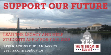 NRA_YES's tweet photo. Time is running out to apply to #YES2019! Help students apply to this #Leadership and #Scholarship opportunity today!
https://t.co/JAaQh7BWNC https://t.co/st8KjkJtUi